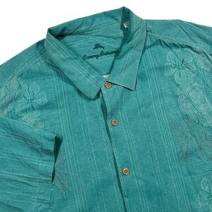 Tommy Bahama Silk Button Up Shirt Mens 3XLB Teal Floral Jacquard Tropical *Flaw